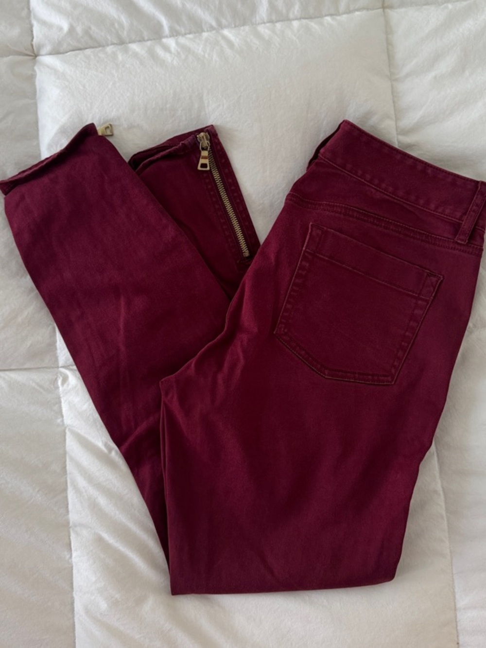 LOFT Wine Skinny Capri Pants with Gold Zipper Accents